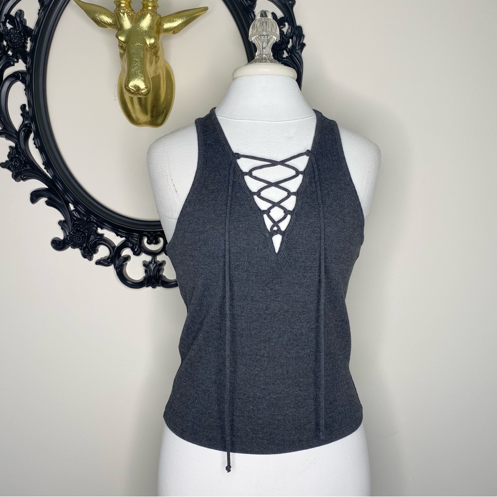 Others Follow Dark Gray Ribbed Racerback Tank Top with Cris Cross Tie